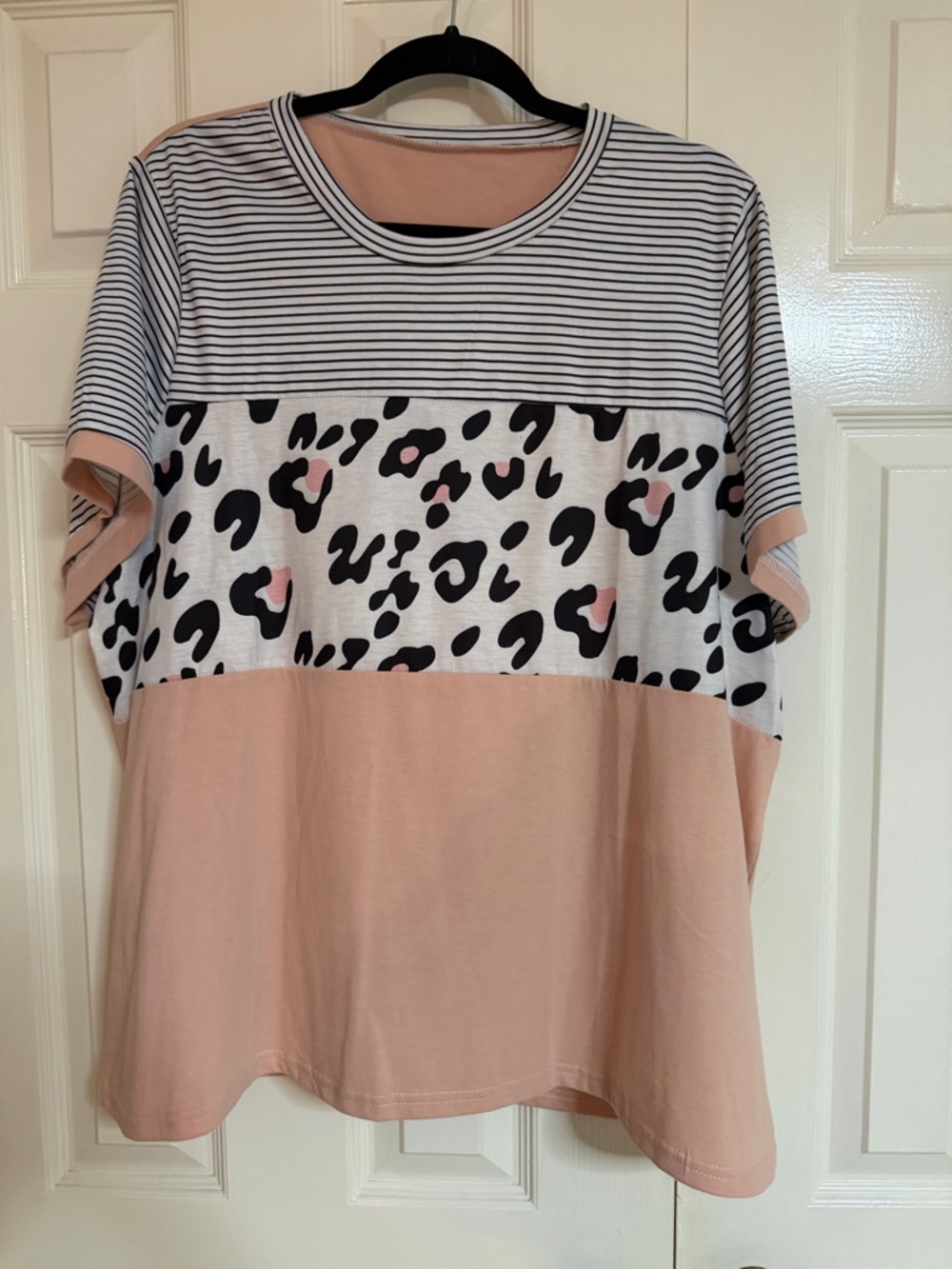 SHEIN Stripe, Leopard & Peach Colorblock Short Sleeve Tee